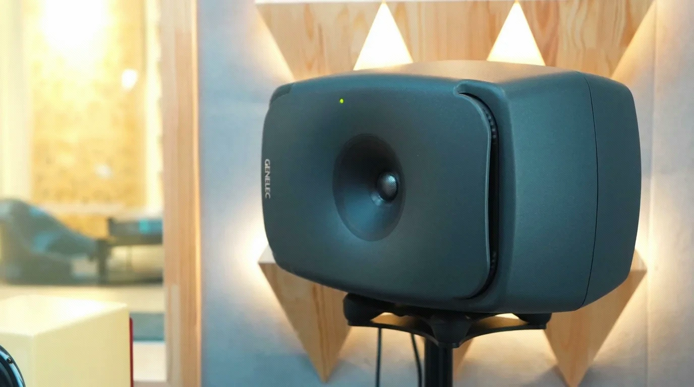 Genelec 同轴主动录音室监听音箱近景，背景为三角木质扩散板