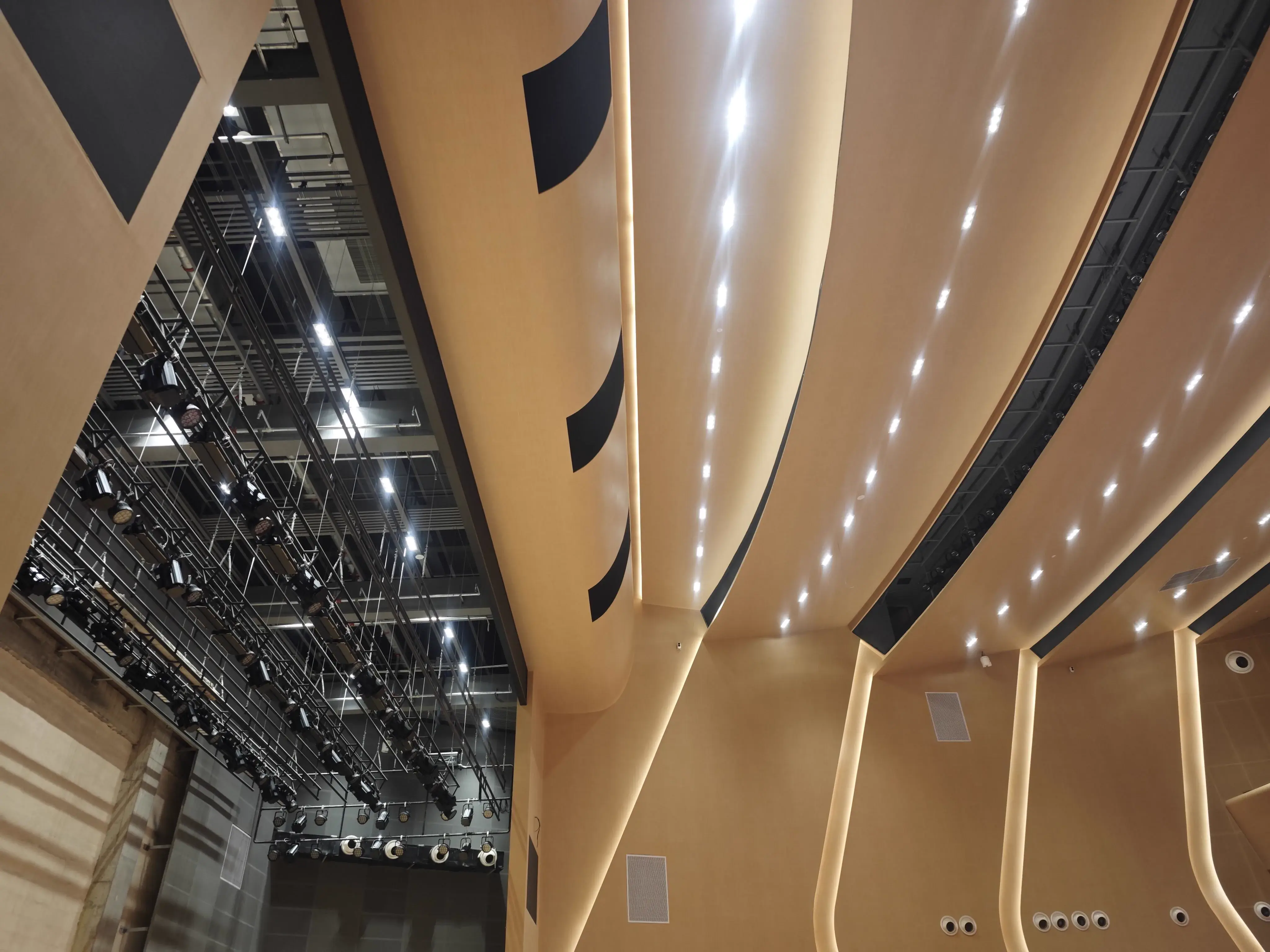 多功能礼堂顶棚,包含曲面铝板、线性筒灯与外露舞台灯光桁架