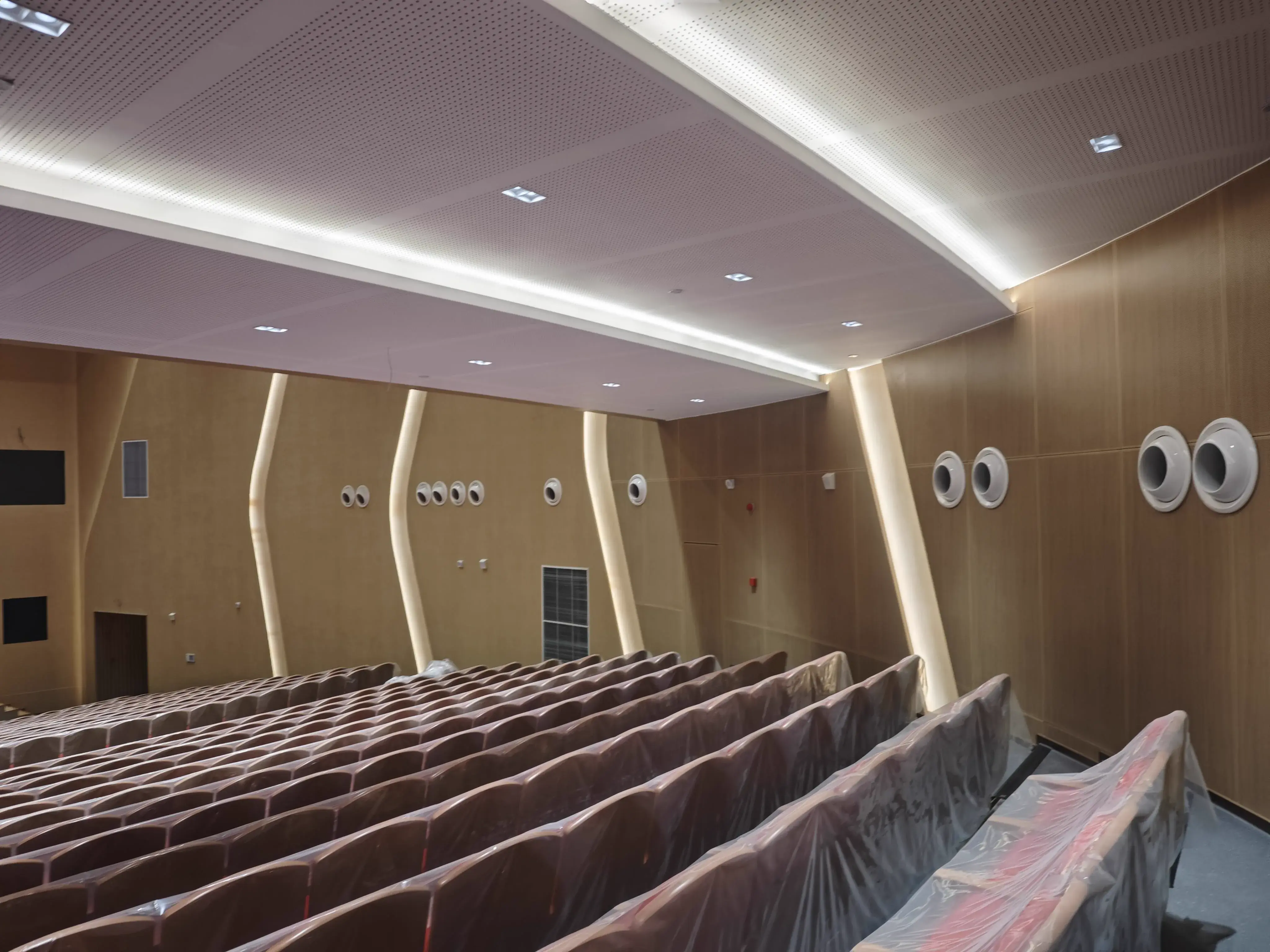 多功能礼堂楼座与后墙,包含穿孔声学板与覆盖保护的座椅