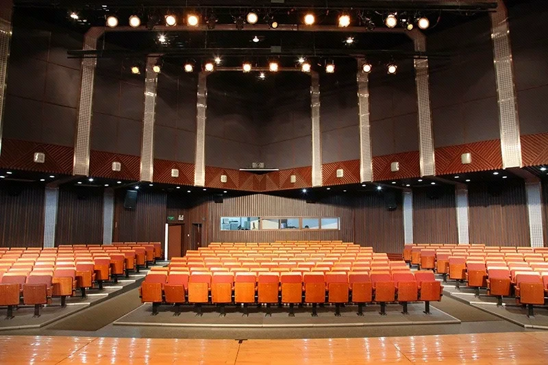 大学多功能厅改造前的室内视角,展示原有观众席与空间状态