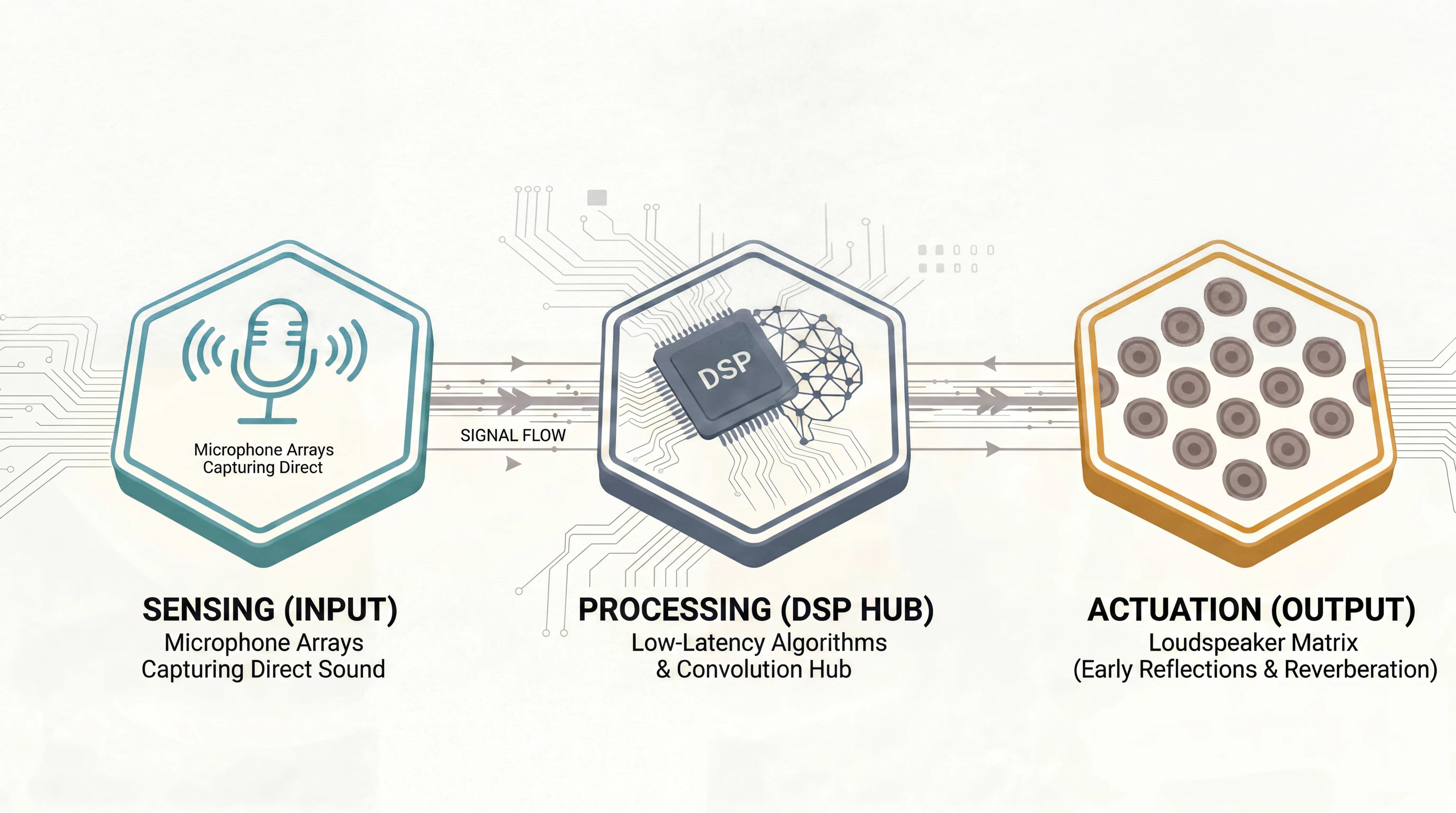 Infographic showing the sensing, DSP, and loudspeaker layers of an active acoustic system
