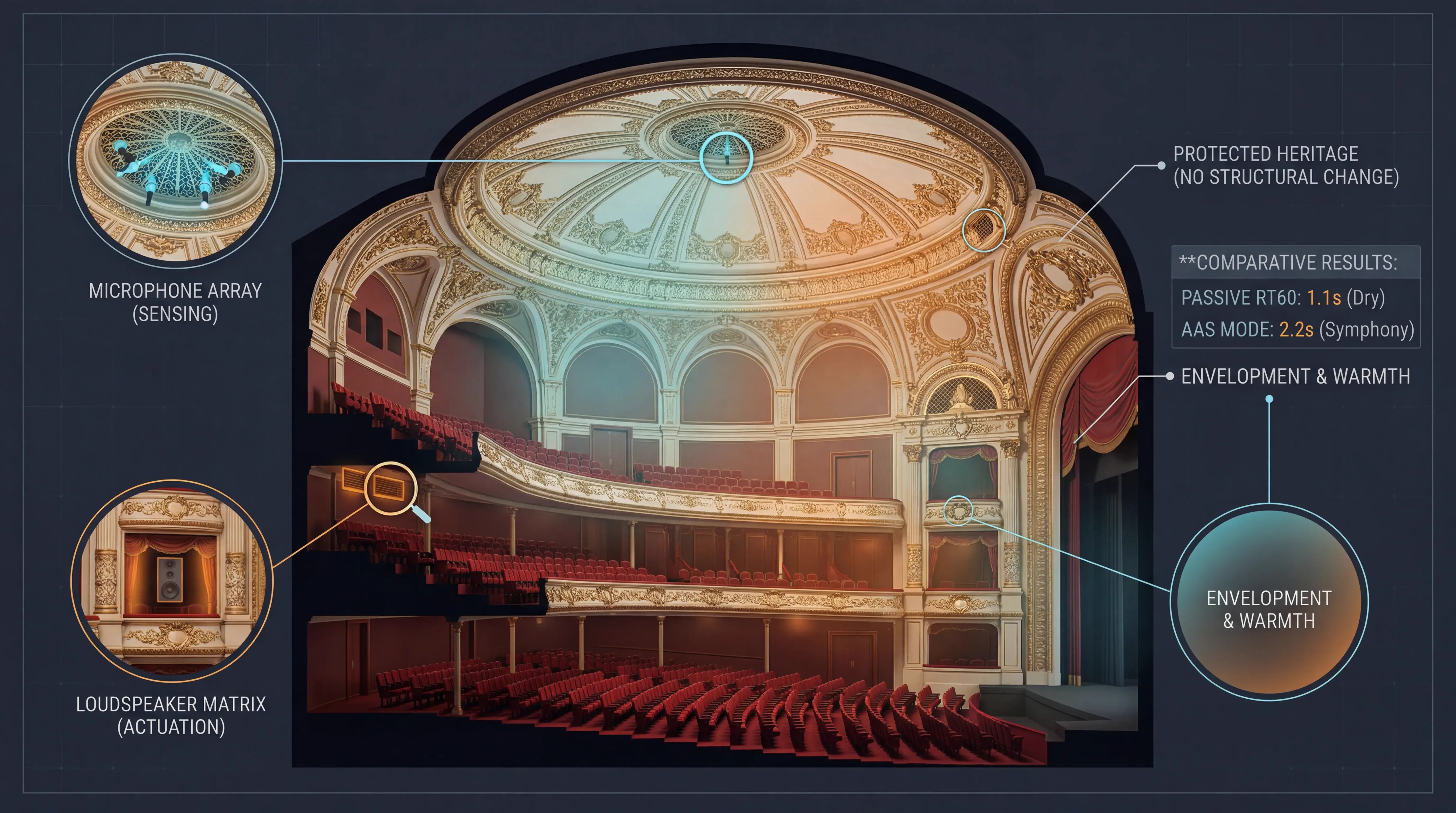 Historic theater section diagram with discreet active acoustic system integration