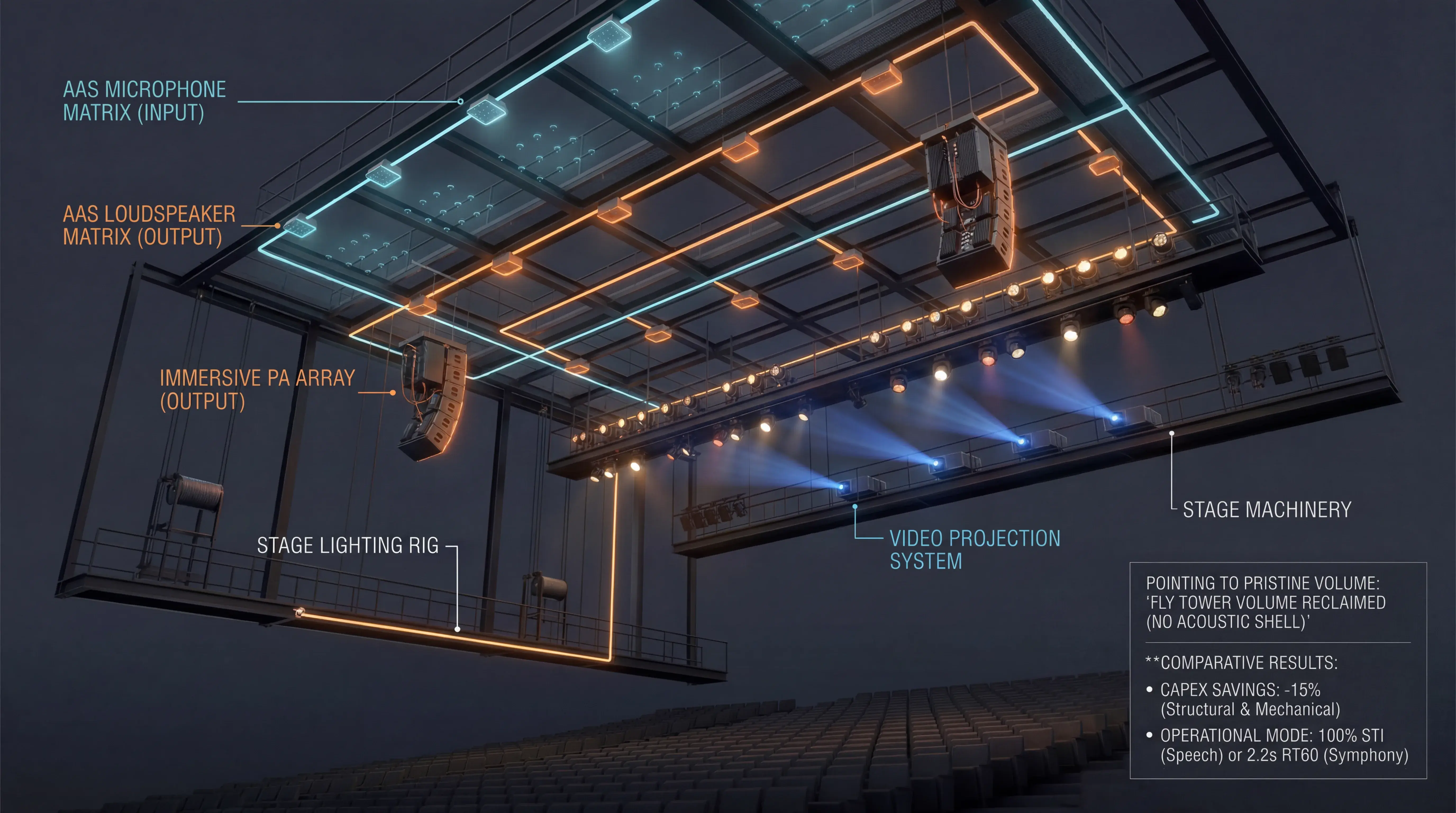 Integrated systems plan for a modern multipurpose auditorium