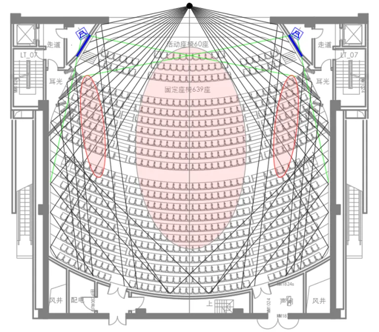 Sound ray analysis of the original architectural plan