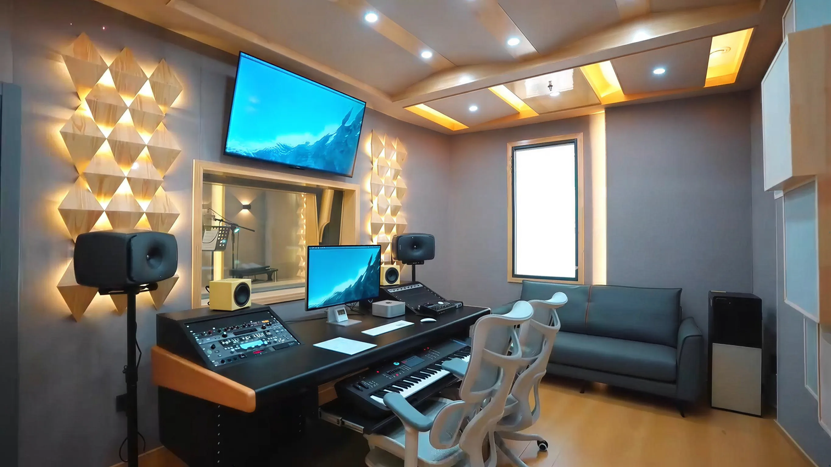 Wide-angle control room panorama with workstation, sofa, observation window, and illuminated acoustic diffuser wall