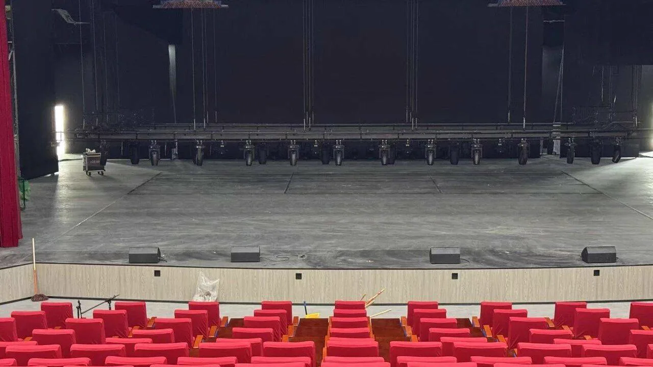 Shule Performing Arts Center view from stage toward audience and stage lip monitors
